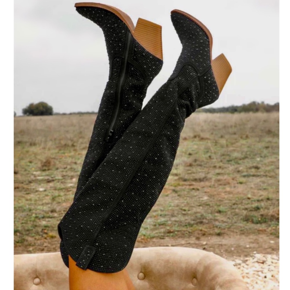 NEW Black Thigh High Western Style Bedazzled Cowboy
Boots